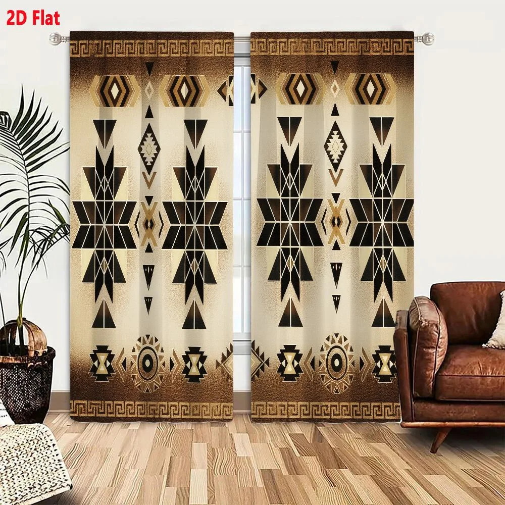 2Pcs Curtains 2D Flat Geometric Pattern Artwork Warm Earthy Browns Golds Blacks Symmetrical Repeating Native American Southweste