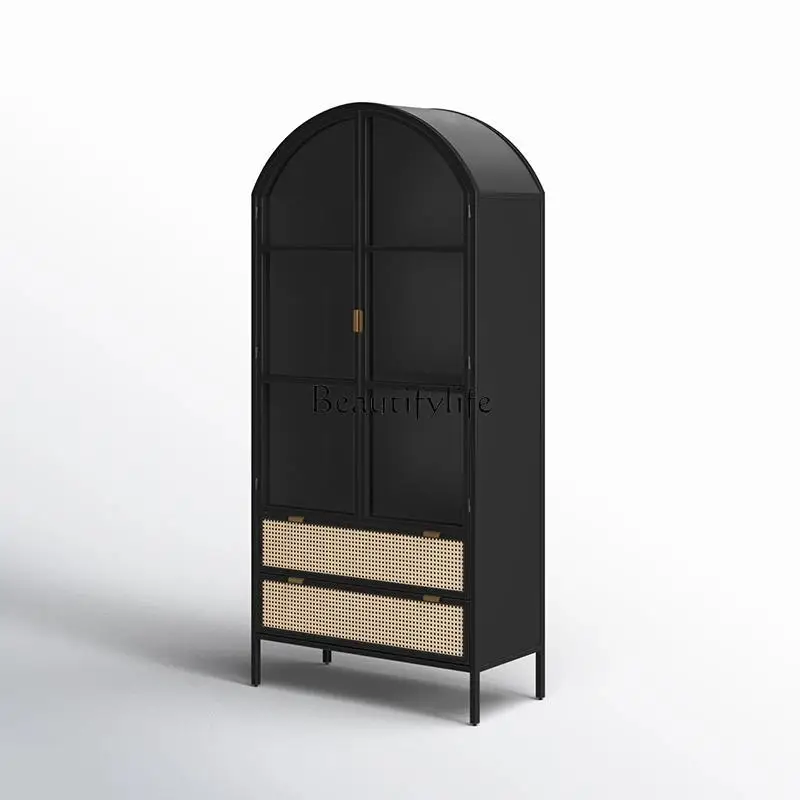 

American light luxury solid wood black rattan cabinet antique bookshelf glass door drawer cabinet
