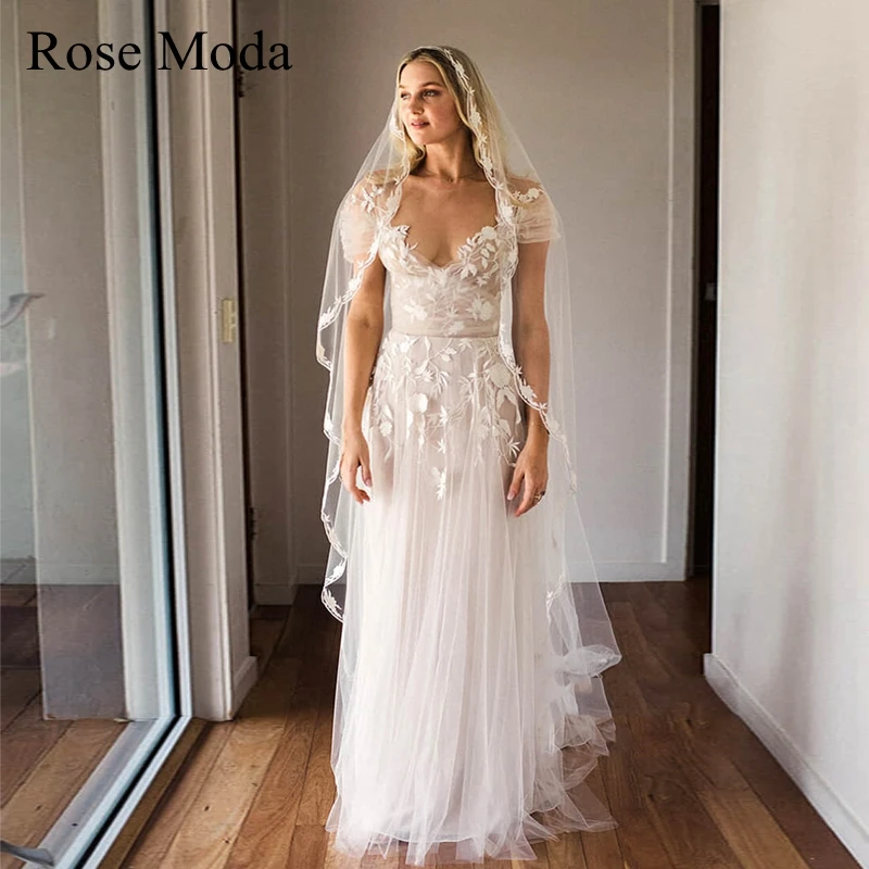 

Rose Moda Ivory and Blush Short Sleeves Lace Wedding Dress Destination Bridal Gown Custom Make