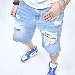 Men Summer Five-point Pants Street Stylish Holes Distressed Solid Slim Male Straight Beach Denim Shorts