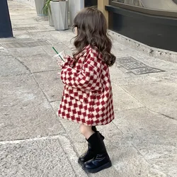 Children Coat 2023 Winter New Year Wear for Girls Small and Medium Sized Children Thickened Cotton Clip Korean Checkered Coat