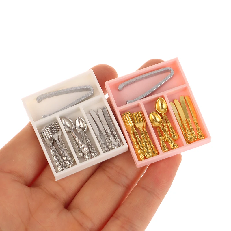 1Set 1:12 Dollhouse Mini Knife Fork Spoon Clips Tableware With Storage Box Dollhouse Kitchen Supplies Utensils Decor Accessories