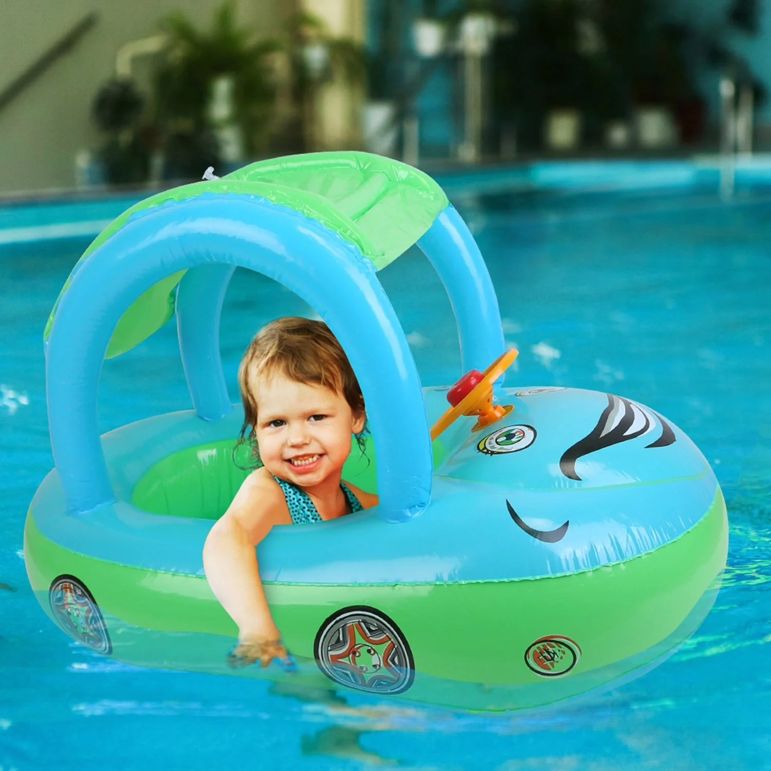 Baby Inflatable Pool Float Car Shaped Toddler Swimming Float Boat Pool Toy Infant Swim Ring Pool with Sun Protection Canopy