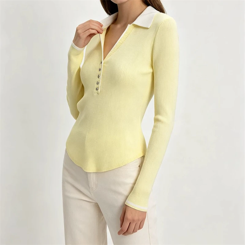 High-QualityFashionableCasual Knitwear Autumn NewStyle Slim Fit Collar Shirt ColorBlock Long SleeveWaist-Cinching Base Layer Top