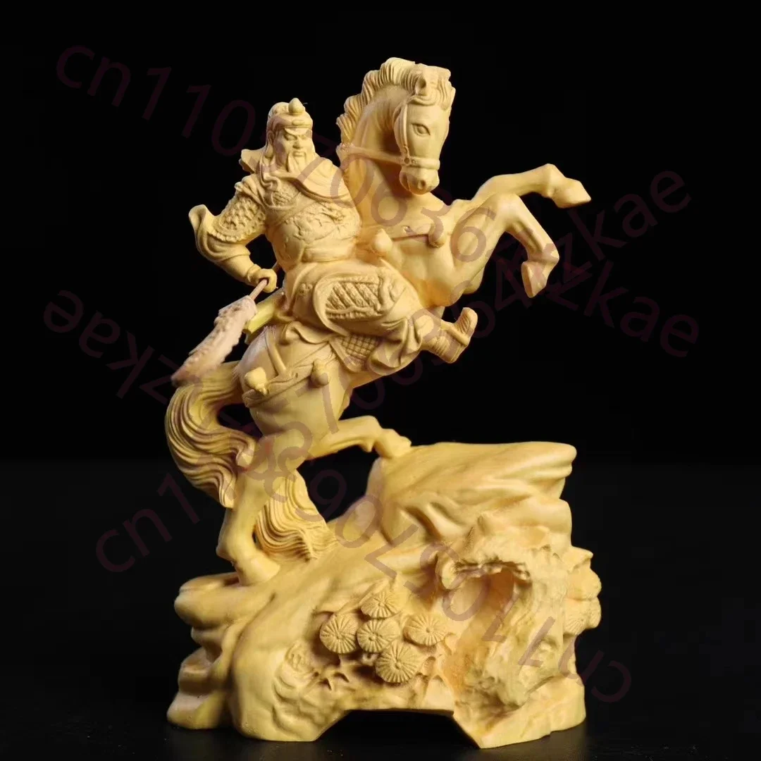 Hand Carved Wooden Horseback Guan Gong Guan Yu Statue - Wealth Warrior God Feng Shui Figurine Home Office Desktop Decor