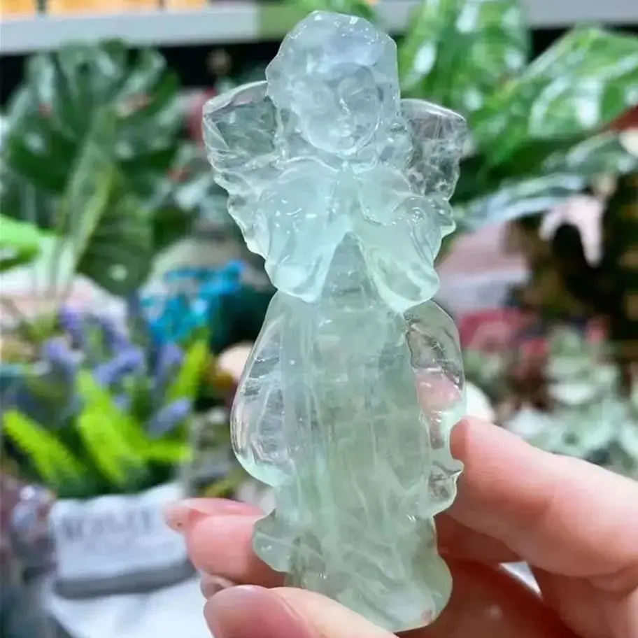 Natural Fluorite Angel Wings Figurine Hand Carved Crystals Statue Healing Stone Gemstone Reiki Home Decor Crystal Craft Gifts