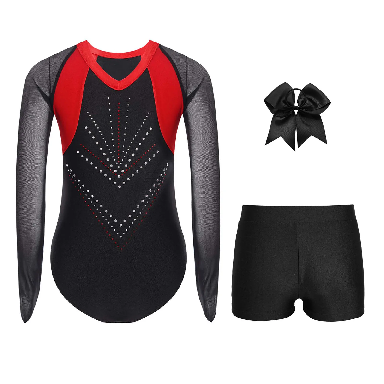 Set da allenamento per ginnastica per balletto per bambina, completo sportivo, body in rete trasparente a maniche lunghe con strass, con pantaloncini e copricapo