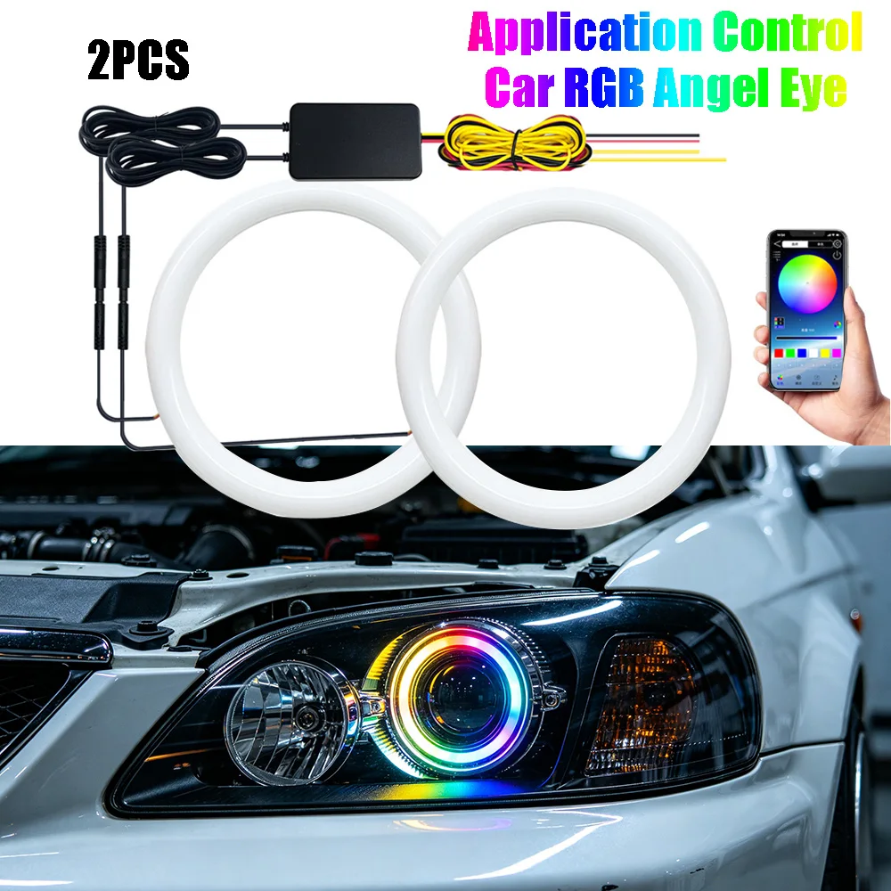 2 szt. RGB Angel Eye LED, światła do jazdy dziennej z kontrolą przez aplikację, wiele kolorów światła synchronizowanych z muzyką. 60MM-100MM