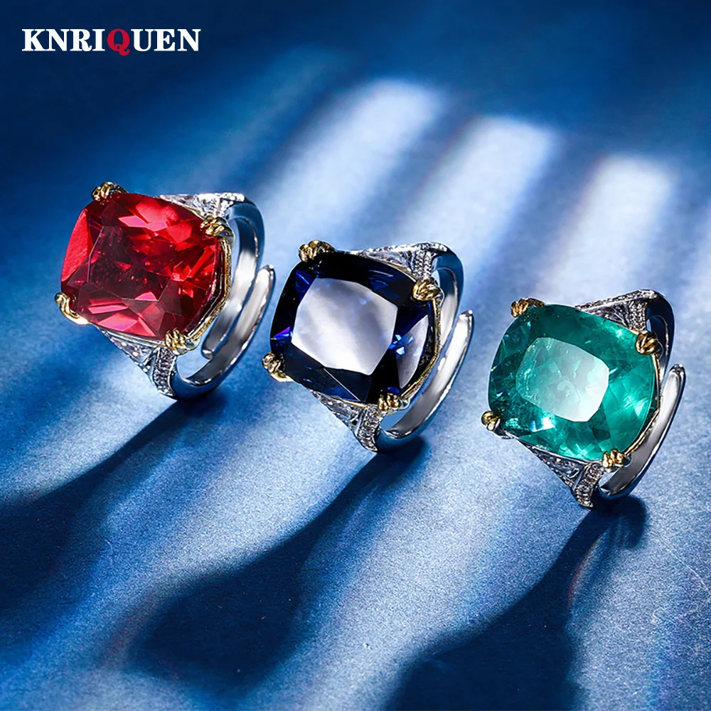 

2024 New Retro 14*16MM Ruby Sapphire Emerald Ring Simulated Gemstone Party Fine Jewelry for Women Lady Accessories Bithday Gift