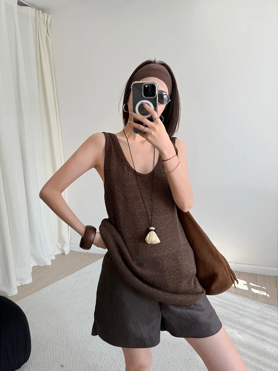 

MUCCHIC ROW Sle Paper Clothes U-Ne Vest Women's Summer Faion Versatile Cotton Blend Long Length Color Vest