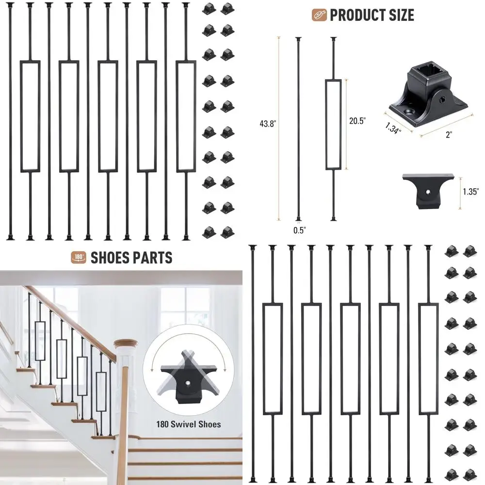 10 عبوات من درابزينات الدرج الحديدية المربعة المجوفة مقاس 1/2 × 43.8 مع 20 حذاء دوار للاستخدام الداخلي