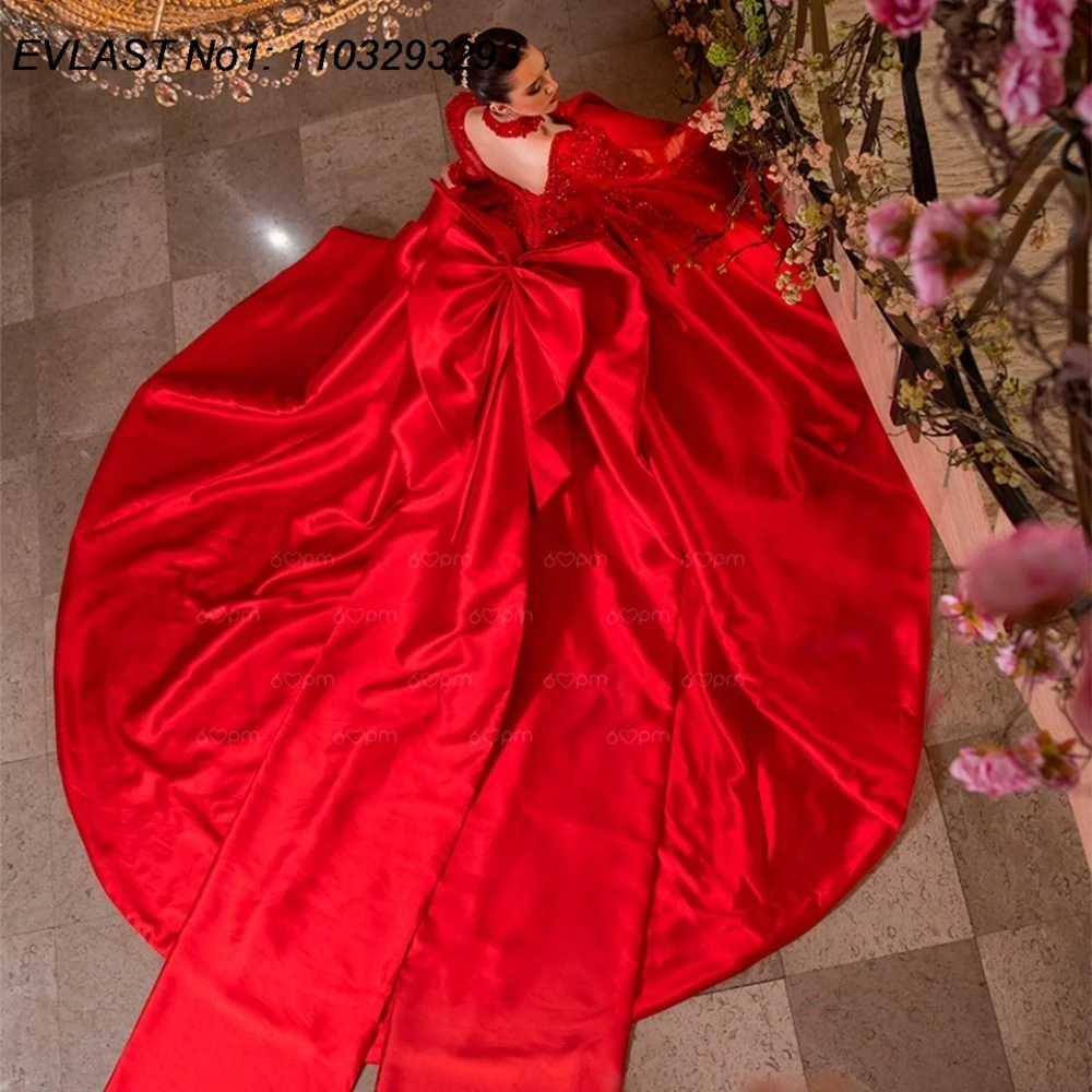 EVLAST カスタマイズされたエレガントな赤いキンセアニェーラドレス、舞踏会用ガウン、長袖、アップリケ、ビーズ刺繍、リボン、スイート16、ベスティドス・デ・15・アノス E1QN508