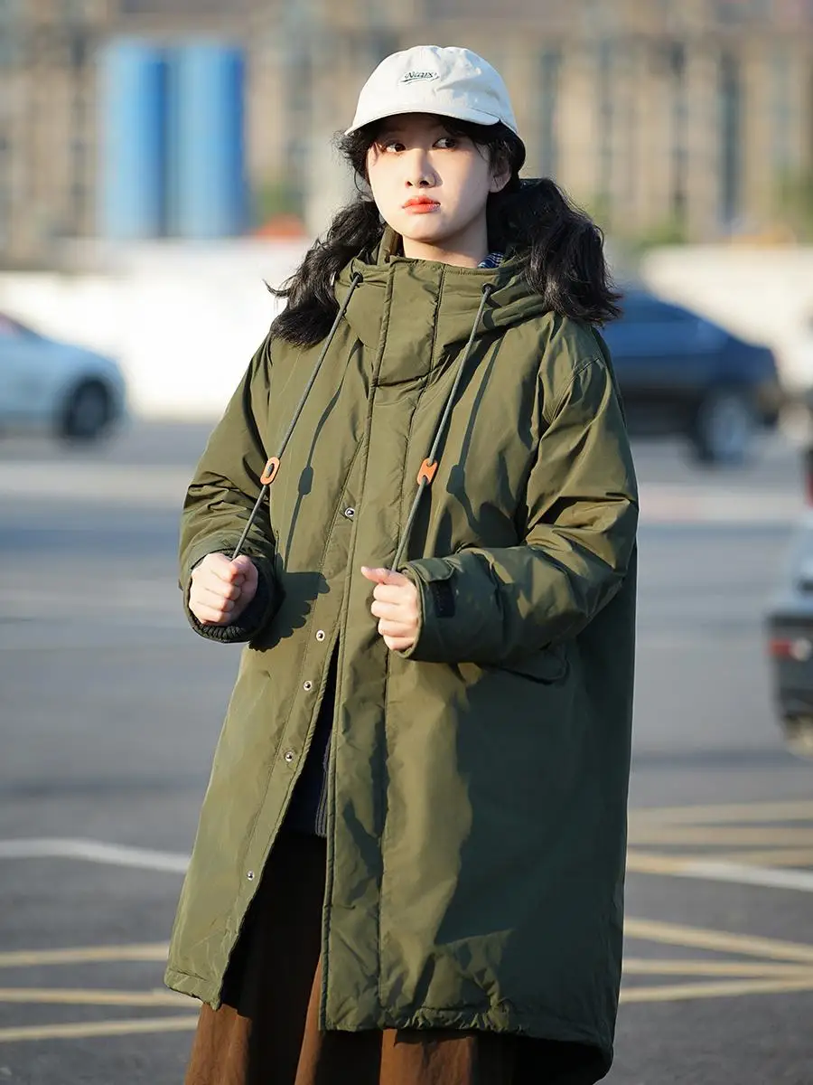 

Retro Japanese Sle Long White Du down Jaet Women's Warm Coat Street Sle Thiened Winter Clothes for Couples