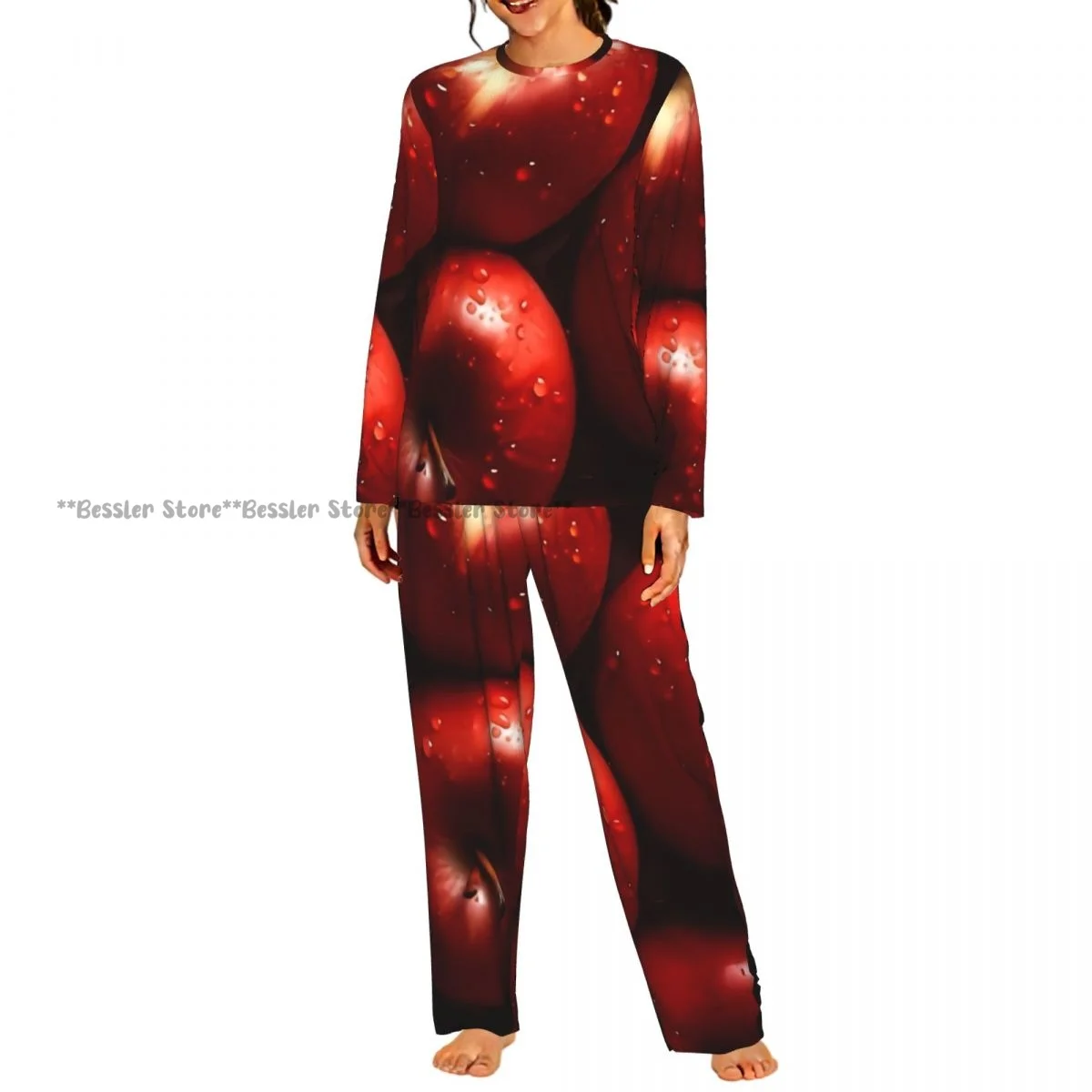 2 Piece Women Round Neck Pajamas Set Long Sleeve Long Pants Fresh Red Apples Glistering With Water Droplet Homewear Sleepwear