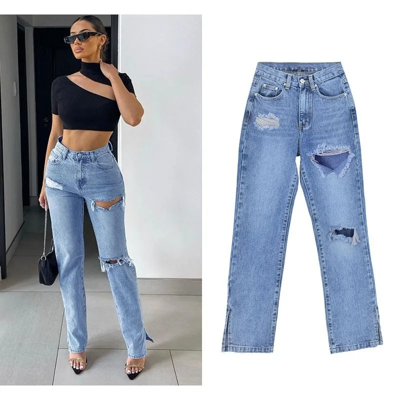 

Women's Clothing High Waist Show High Thin Straight Jeans Pants Mopping Pants Hole Leg Openings Draping Micro Flare Pants Y2k