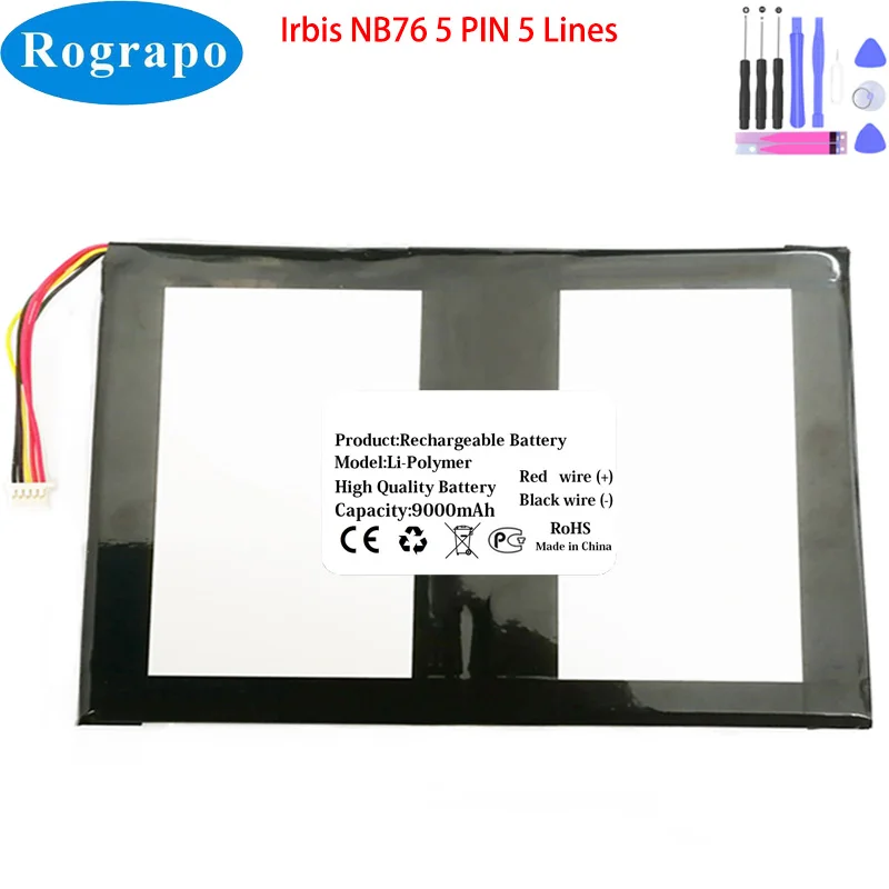 

New 3.7V 9000mAh Tablet PC Battery For Irbis NB76 5 Wire Plug