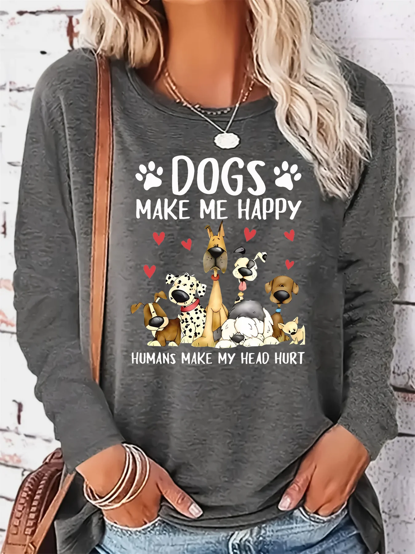 تي شيرت نسائي للربيع والخريف 100% من القطن الخالص عصري غير رسمي فضفاض بنمط حروف مطبوع برقبة دائرية وأكمام طويلة