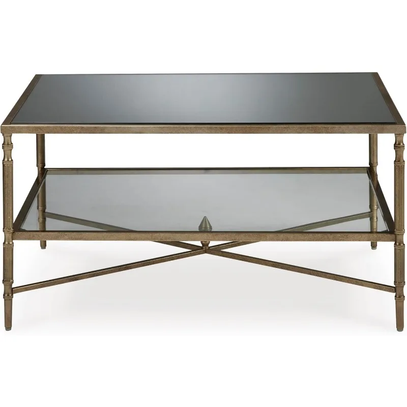 Coffee Table Made with Metal and Glass Frame with Aged Goldtone Finish