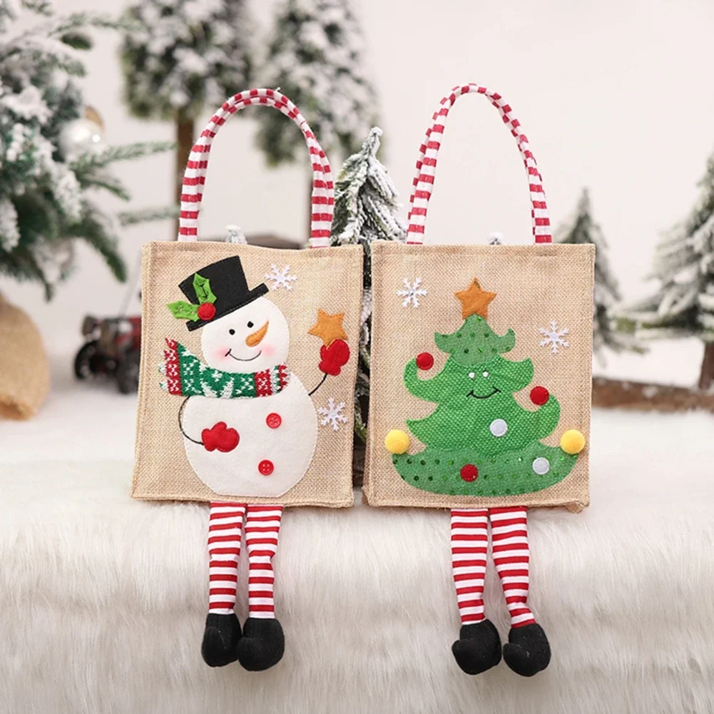 Christmas Decor Creative Cute Linen Machine Embroidered Tote Bag Santa Snowman Reindeer Christmas Tree with Feet Gift Candy Bag