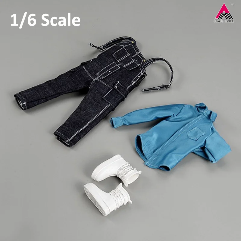 1/6 Scale Male Blue Shirt Jeans Overalls White Boots Set Casual Clothing Model Fit 12-inch MX02 Soldier Action Figure Body