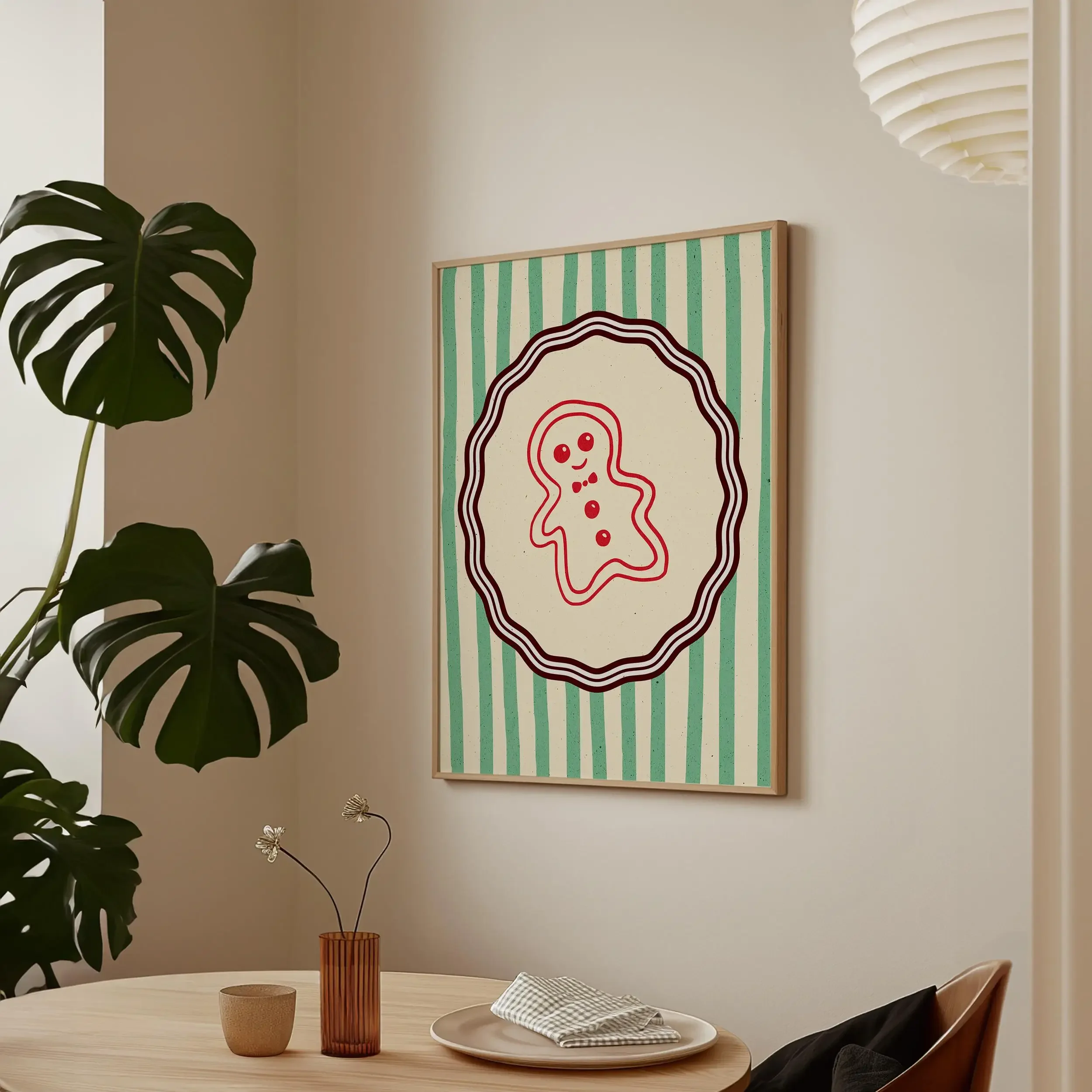 1pc frameless Canvas Painting Vintage Gingerbread Christmas Poster Green Striped Kitchen Wall Art Poster - Holiday Cookie Canvas