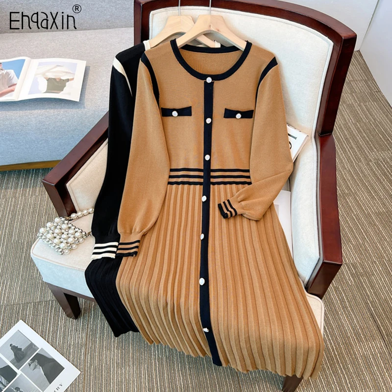 

EHQAXIN Autumn Winter Womens Knit Dress Fashion Elegant Small Fragrance Style Contrast Color Pleated Button Knit Dresses L-4XL