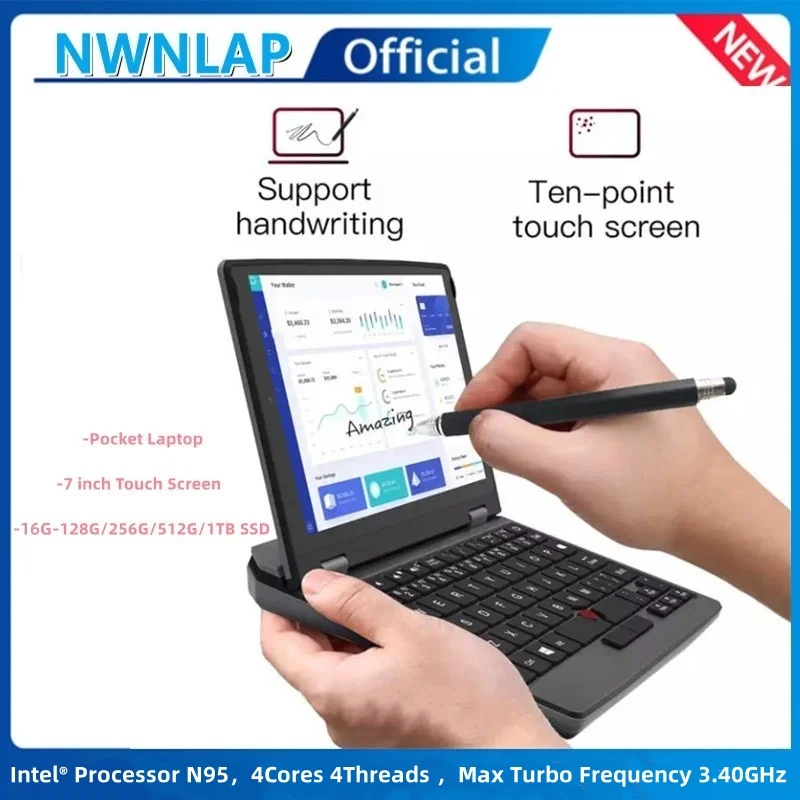 كمبيوتر محمول صغير 7 بوصة Intel N95 دفتر IPS شاشة تعمل باللمس محمول نتبووك Win 11 Pro كمبيوتر صغير كمبيوتر صغير BT 4.2 16G 256GB