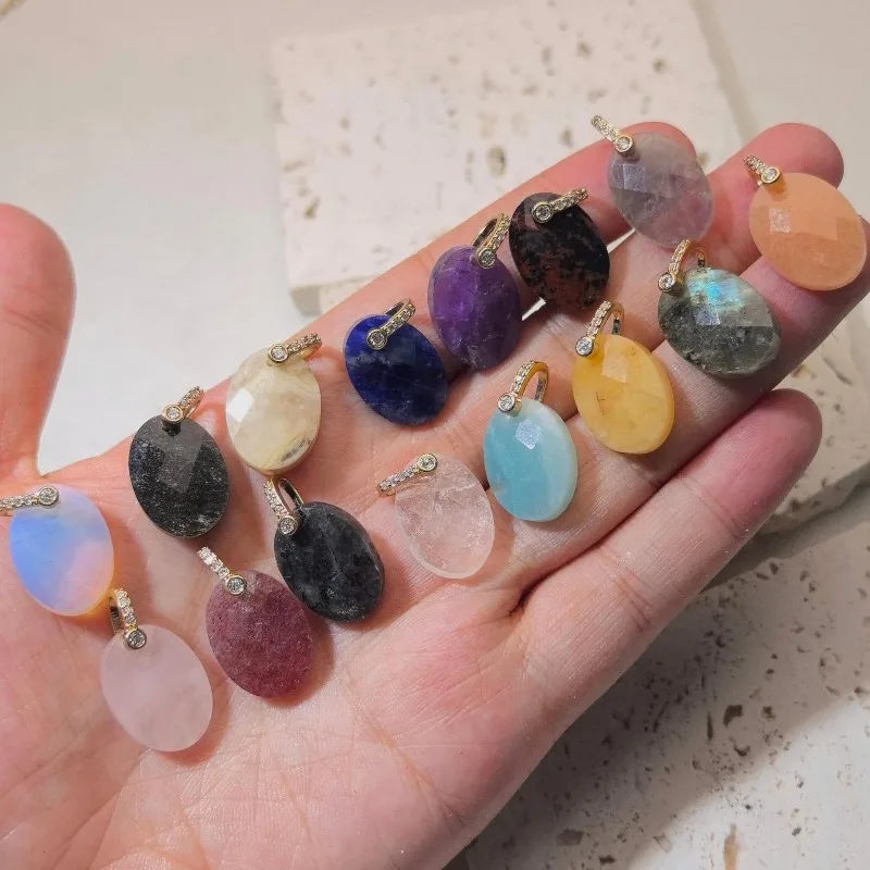 6PCS Fluorite Quartz Amethyst Faceted Stone Oval Pendants Lapis Charms CZ Bail for Jewelry Making