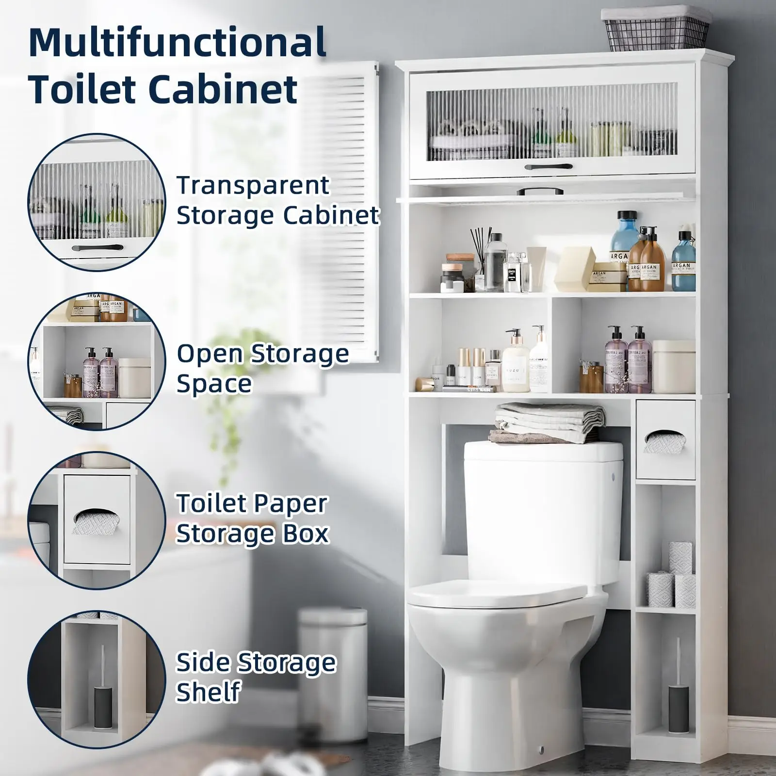 Vabches Over the Toilet Storage Cabinet Bathroom Organizer with Glass Door&Shelves Wooden Toilet Rack Bathroom Storage Cabinet image 6