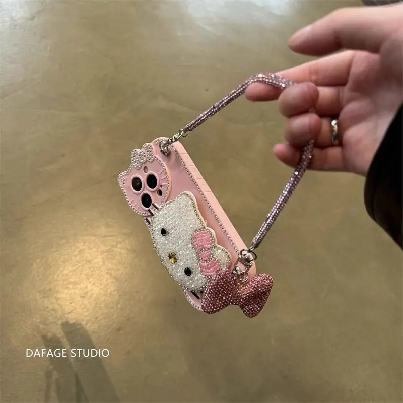 Милый чехол Sanrio Hello Kitty с рисунком для iPhone 15, креативный кавайный бант, 3D-телефон с защитой от падения, ручная цепочка, защитный чехол, подарок