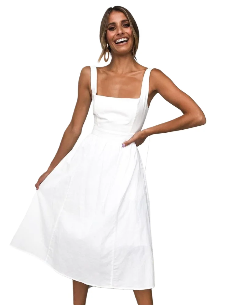 

Women's Spring Summer New Solid Color Simple Sexy Sleeveless Strap Open Back Loose Medium To Long Dress