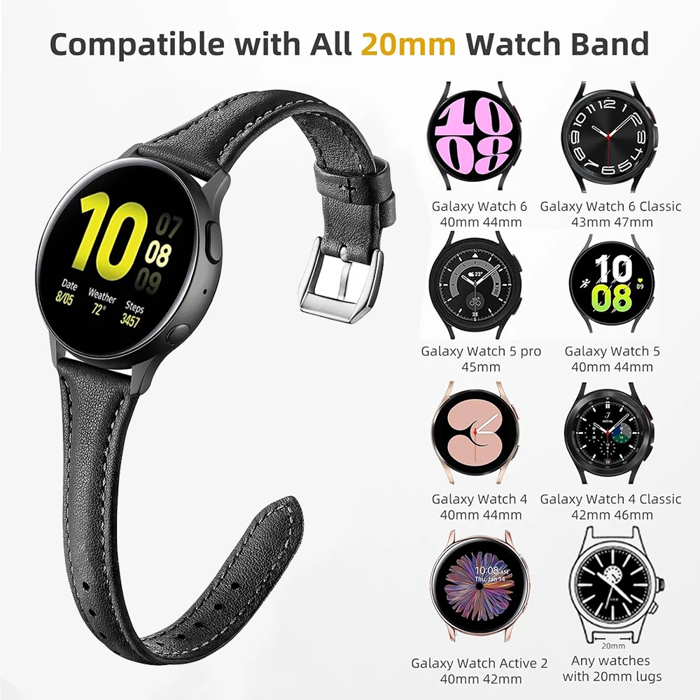 20mm slim Leather Band For Samsung Galaxy Watch 6 5 4 40 44mm Women Bracelet Wrist Strap Loop For 3 41mm Active 2 Galaxy 42mm