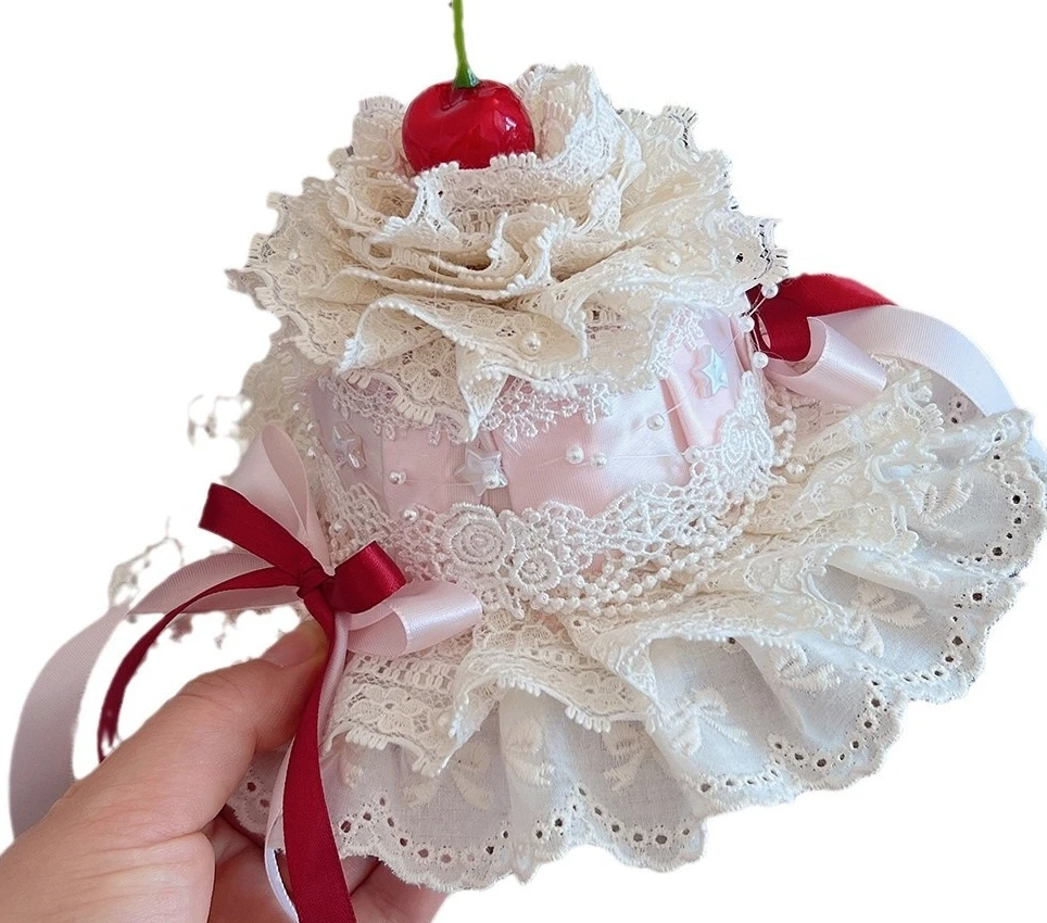 

Original Design Lolita Style Mini Fascinator Hat Multi-layer Lace Rbrimed Cherry Piink Cap Cosplay Prom Party Girls Hat Headwear