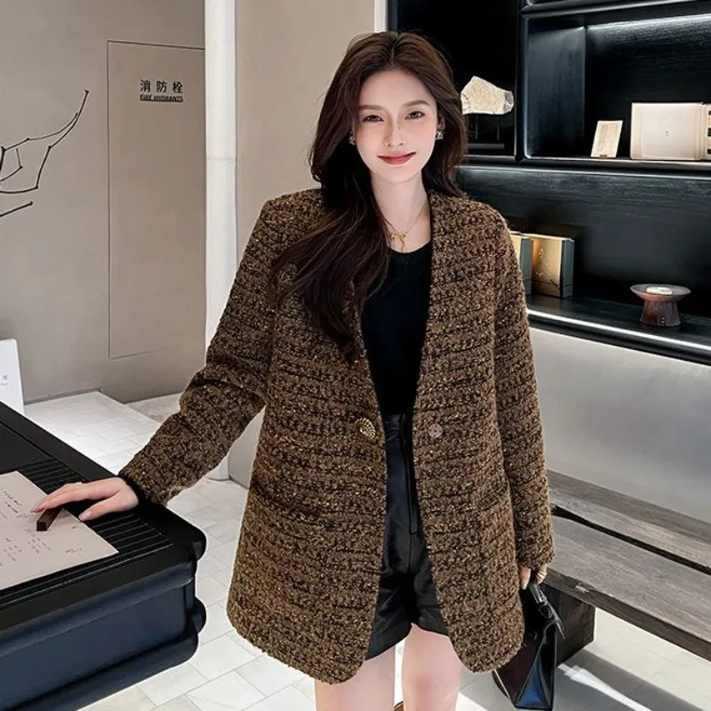 New Tweed  Jacket For Women's Rich Daughter High-End Sense Gold Thread Interwoven Weaving, New Medium And Long Styles Blazer