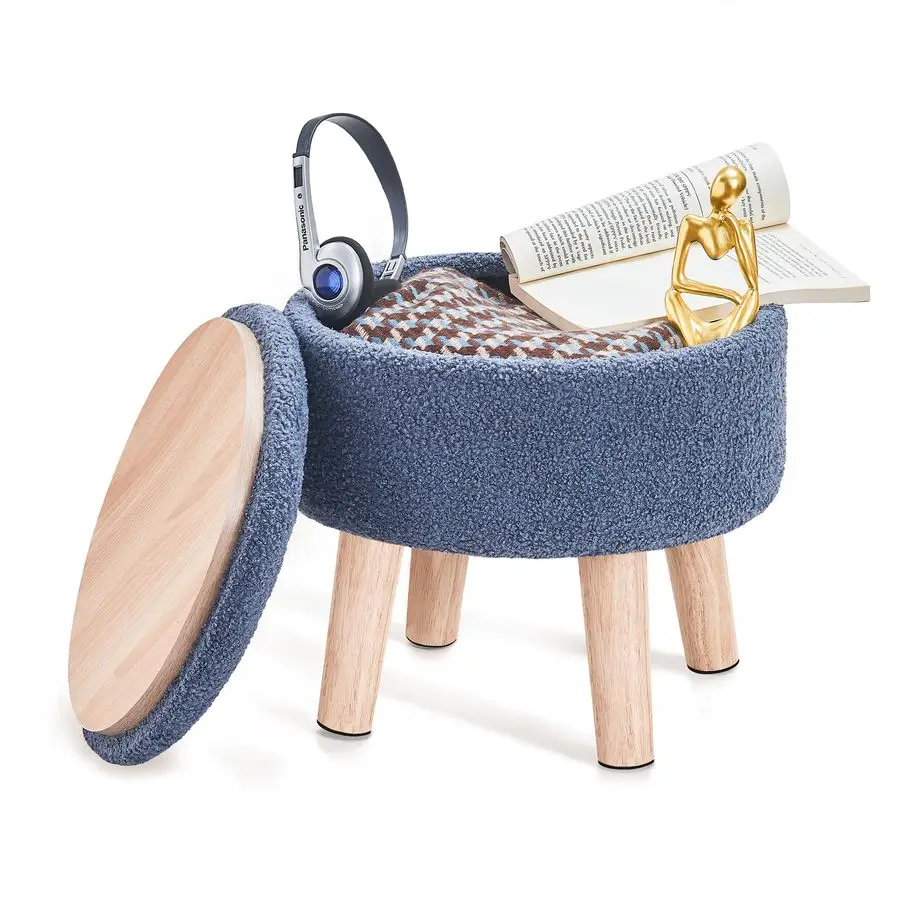 

Маленький пуф с местом для хранения, небольшой табурет-пуф с деревянными ножками, подставка для ног из шерпы для дивана, для гостиной и спальни, темно-синий