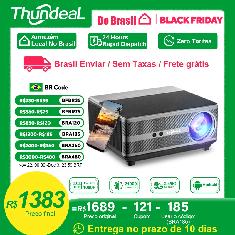 ThundeaL Projetor Android Full HD 1080P TD98 WiFi LED 2K Vídeo 4K Feixe de Filme TD98W PK DLP Home Theater Cinema Beamer projetor 1080p video game portátil tv smart Projetor Do Brasil projetores estoque no brasil