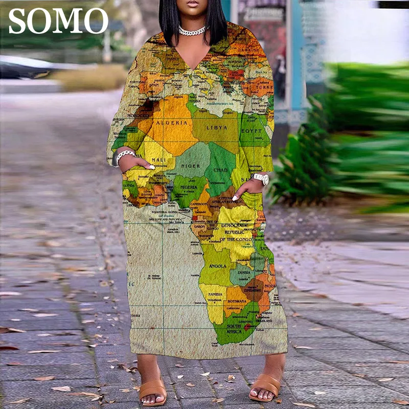 SOMO Spring Dress for Plus Size Women 2023 Causal Fashion Map Printed Long Sleeve Dresses with Pockets Wholesale Dropshipping