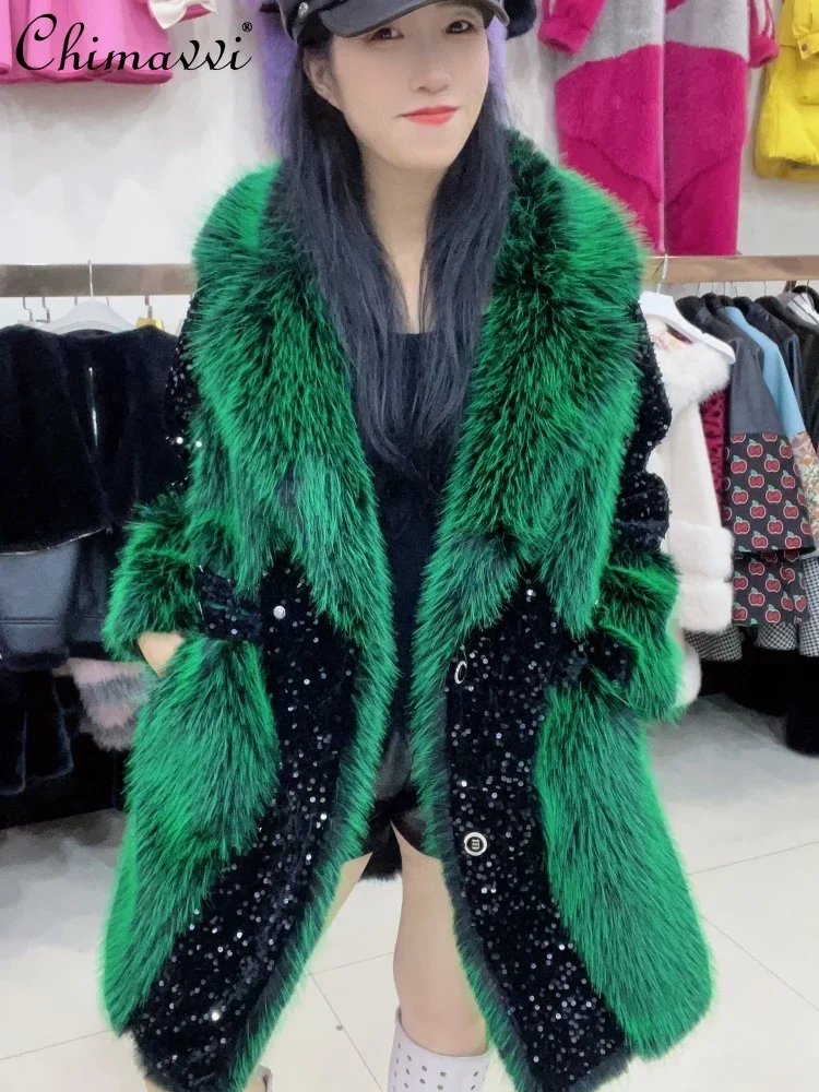 

New Fur Coat Fashion Toka Mid-Length Wool-like Fur Winter Clothes Loose Heavy Embroidery Sequins Long Sleeve Warm Fur Jackets