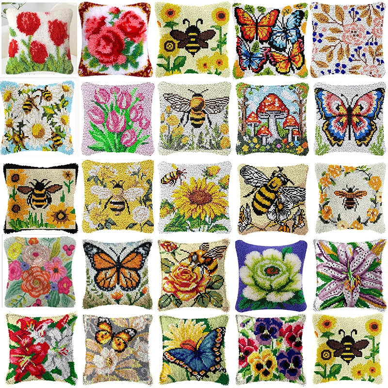 Flower Latch Hook Kit Butterfly Handmade Embroidery Pillow Button Smyrna Knooppakket Needlework Button Packagek Linkhaak Kussen