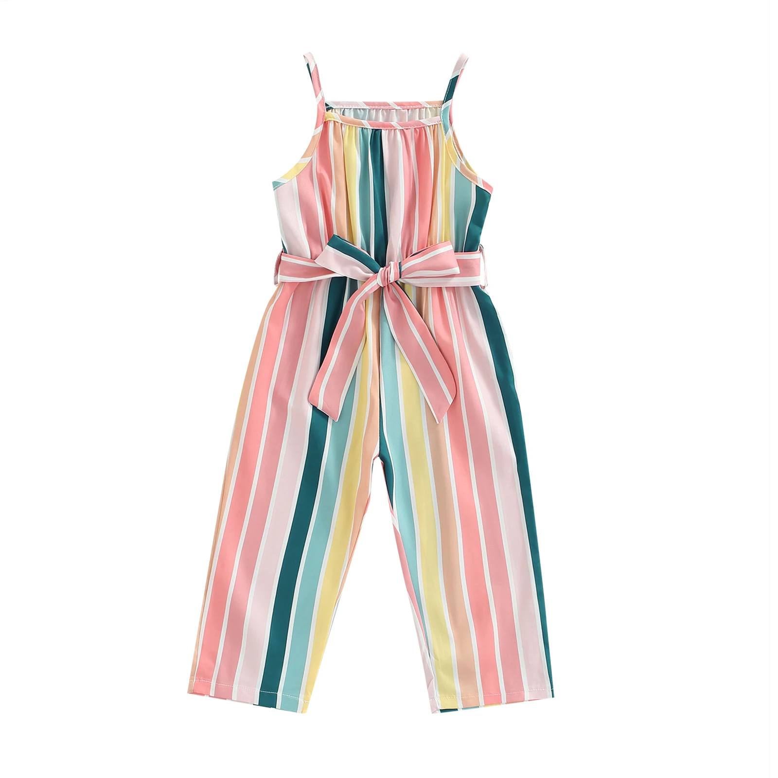 2024 New Kids Girls Stripe Romper Jumpsuits Baby Clothes Sleeveless Belted Long Pants Overalls Baby Clothing Summer Fall