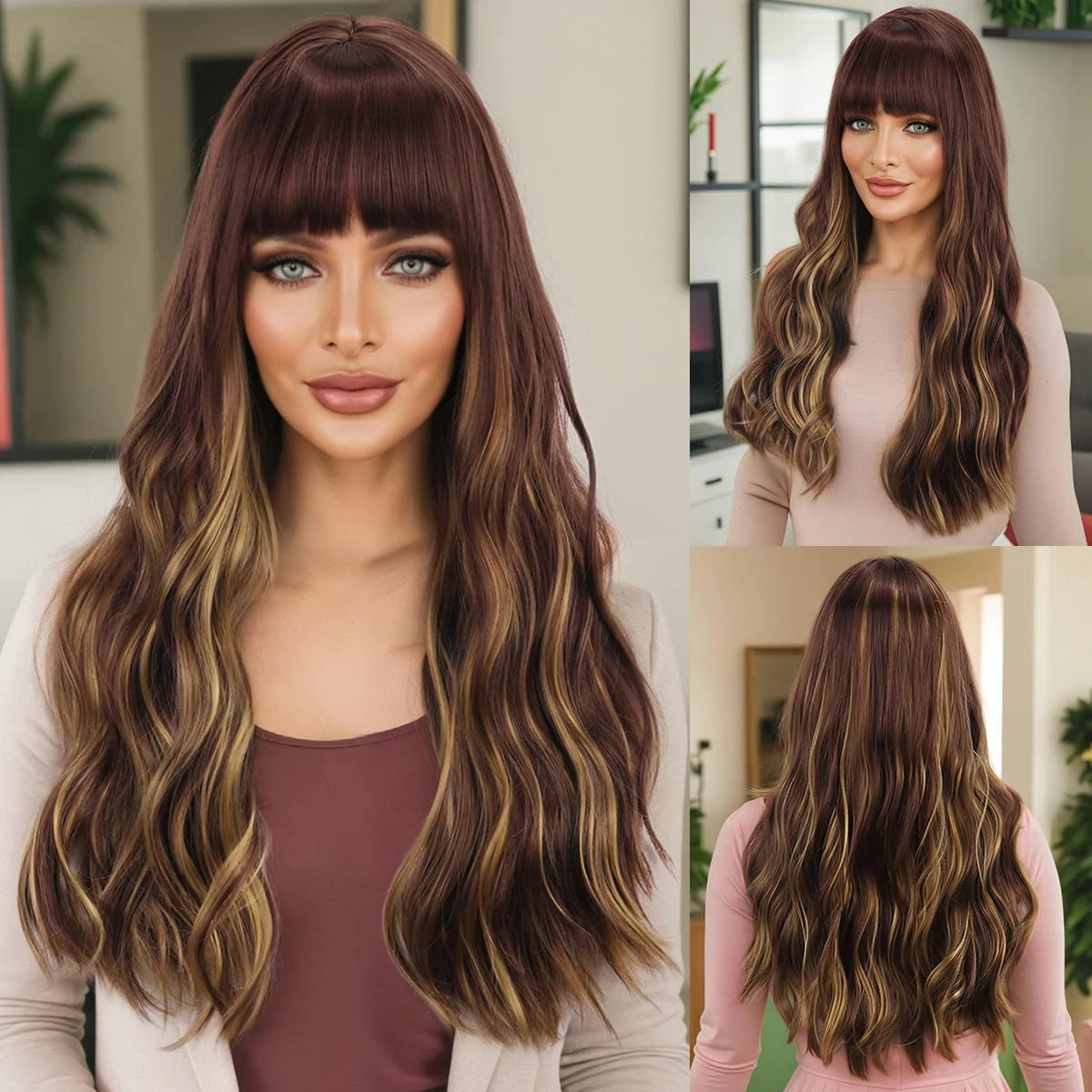 

European and American Synthetic Wig for Women, Brown Long Curly Hair Spicy Girl Style, New Straight Bangs Long Hair Wig Set