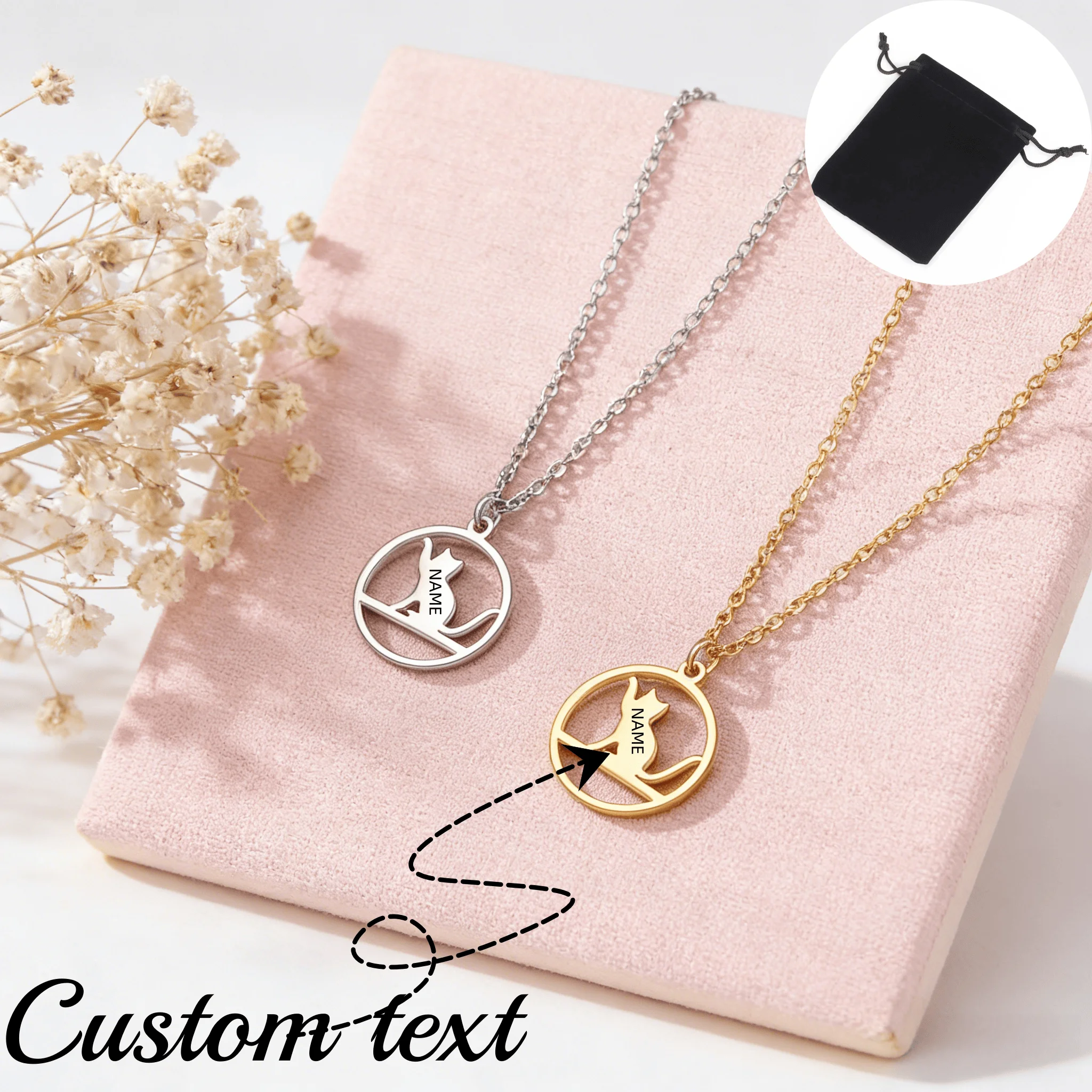 Customized Name Text Circular Horizontal Bar with Raised Cat Pendant Necklace Stainless Steel Personalized Necklace Couple Gift