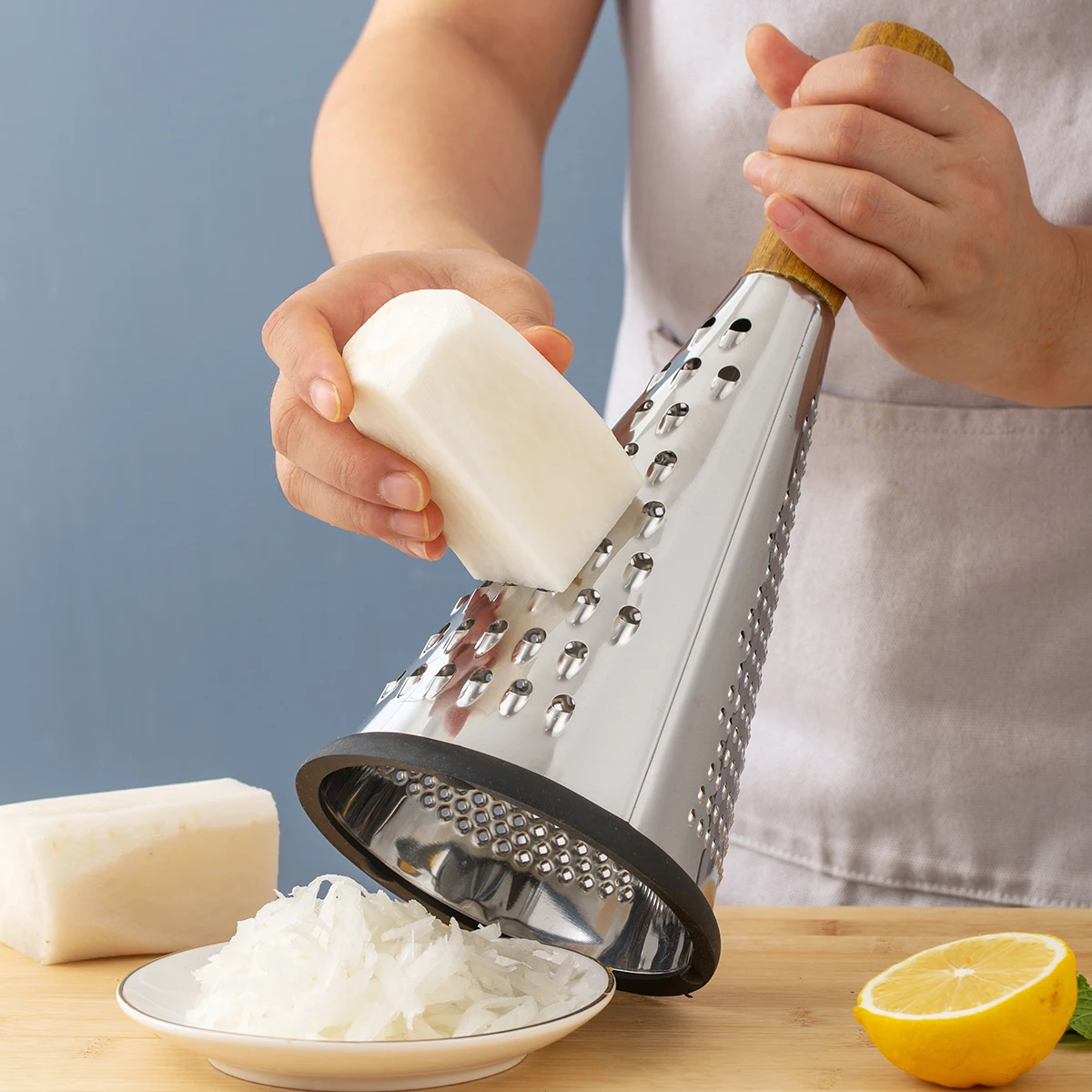 1PC-Vertical Stainless Steel Conical Triangular Vegetable Cheese Grater with Wooden Handle Multifunctional Shredder