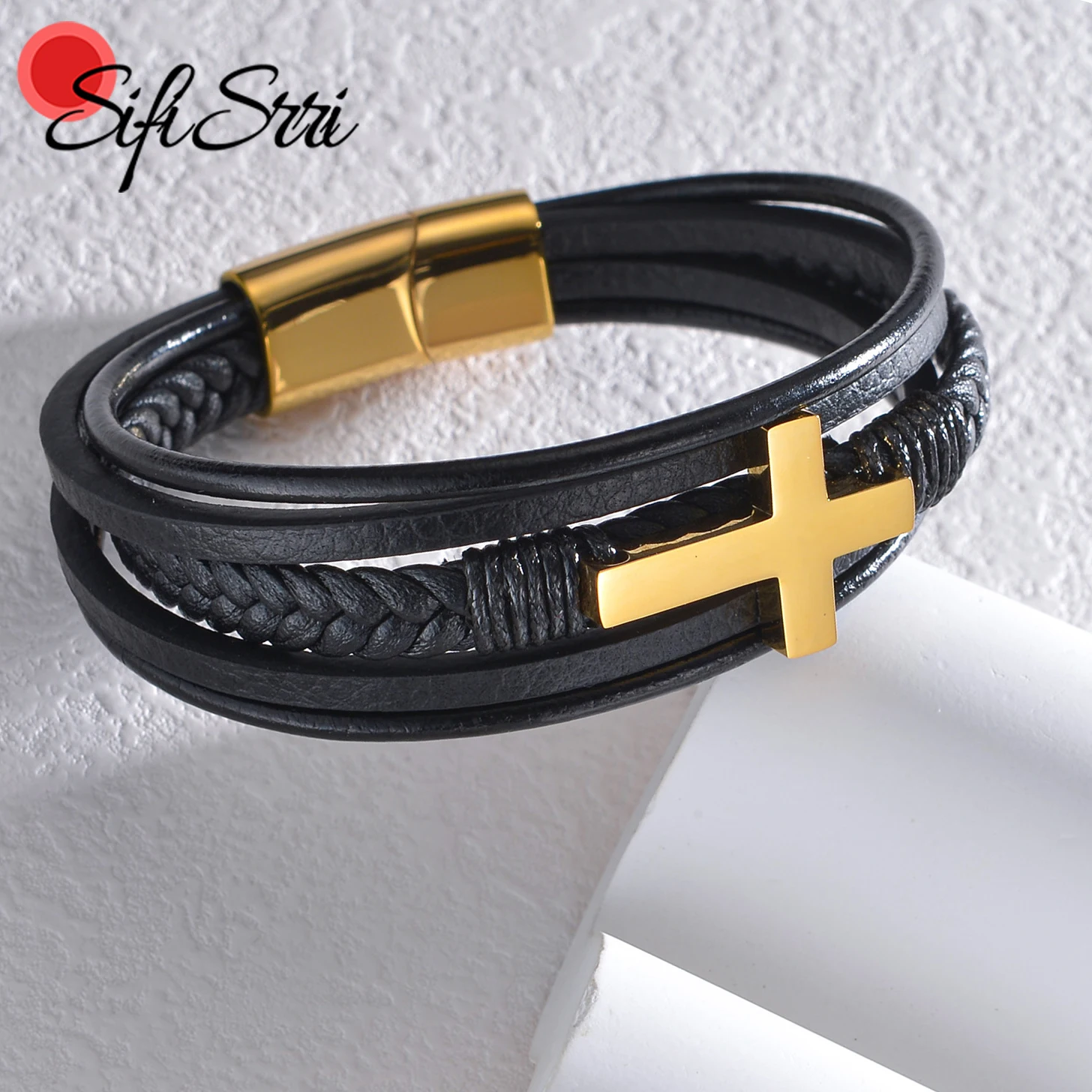 Sifisrri Double Layer Cross Woven Leather Bracelet for Women Men Stainless Steel Bangle High Quality Pulsera Mujer Jewelry Gift