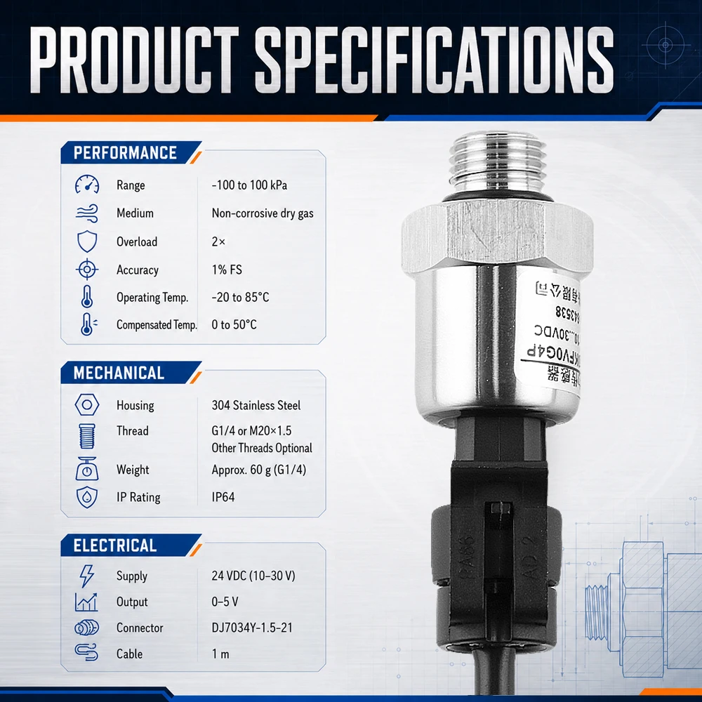 High Precision Vacuum Negative Pressure Sensor -100kpa-0kpa -100kpa-100kpa G1/4 Thread Gas Pressure Transmitter 0-5V Output