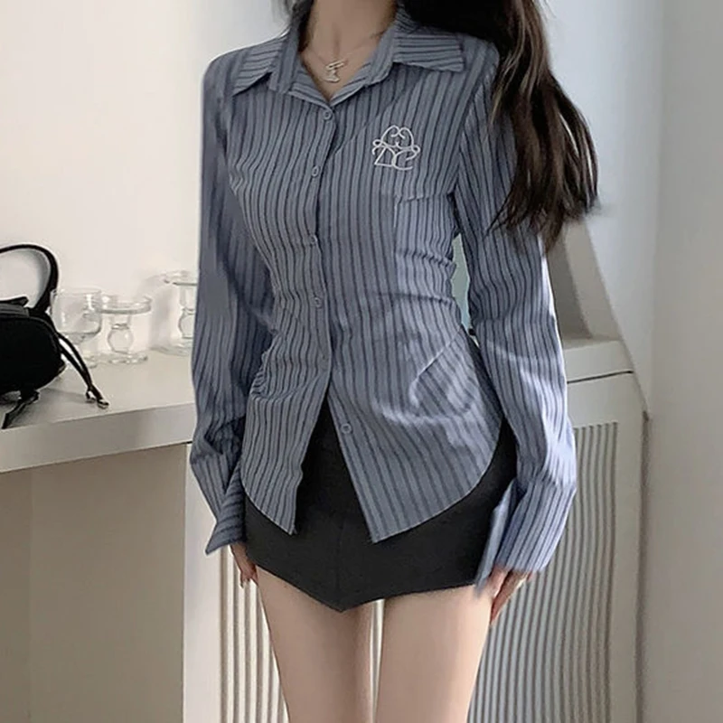 Y2K Women Striped Shirts Korean Fashion Embroidery Female Long Sleeve Tops Spring Casual All Match Student Shirt New