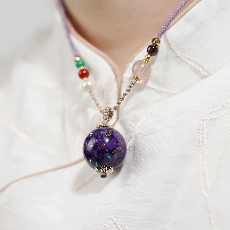 Purple Lacquer Beads Pendant Inlaid with Snail Round Beads Women's Necklace Accessories Hand made Rope DIY Charms Fine Jewelry