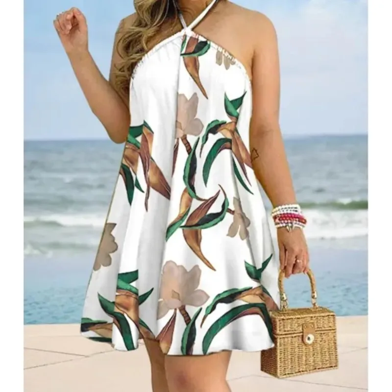 Sexy Off The Shoulder Print Pullover Mini Dress Women Fashion Backless Beachdress Lady Sleeveless Loose Vestidos De Mujer 2024