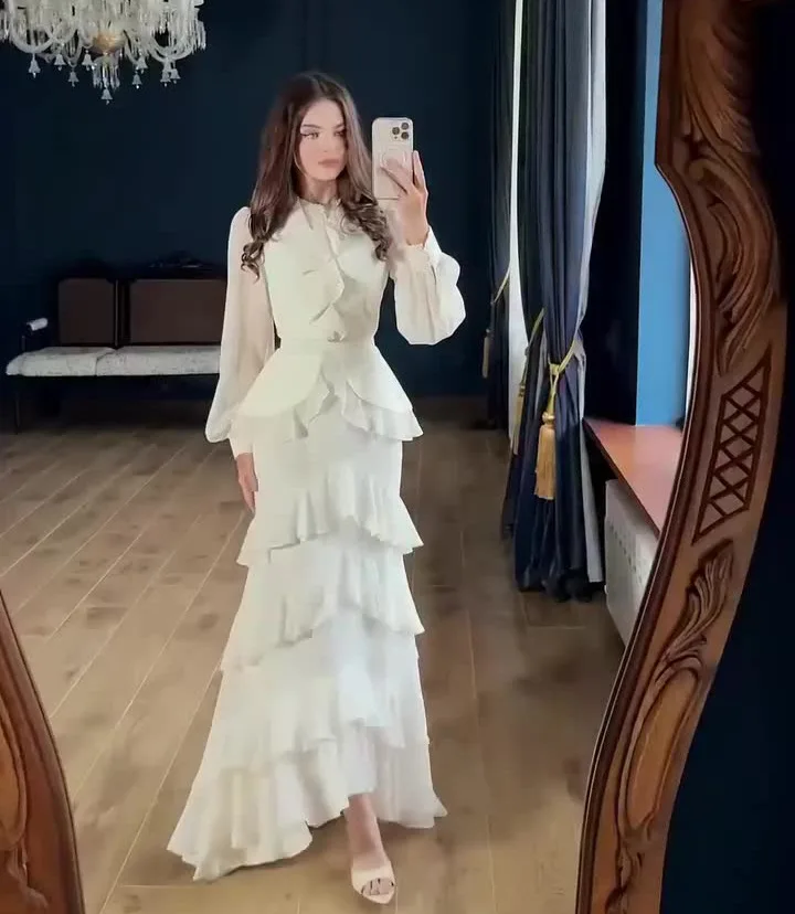 Elegante witte gelaagde geruite maxi jurk voor dames, O-hals, lange mouwen, hoge taille, slanke lange jurk, 2026, effen, vakantie, feestjurk