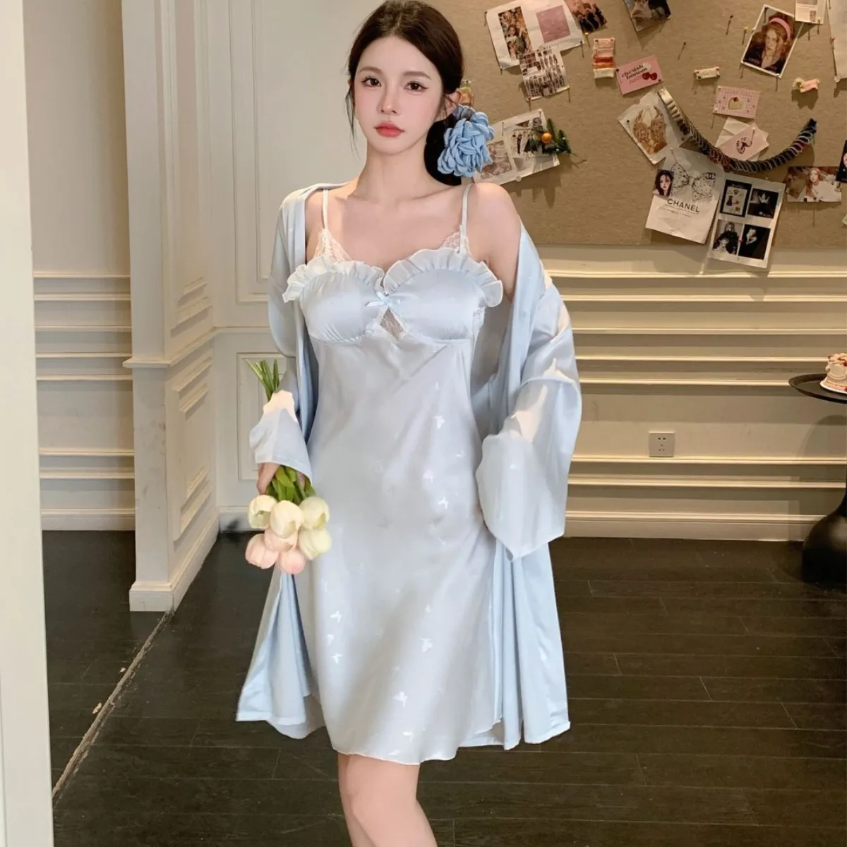 

Lady Satin Twinset Robe Set Palace Style Lace Chemise Nightgown Satin Kimono Bathrobe Gown Spring Summer Homedress Sleepwear